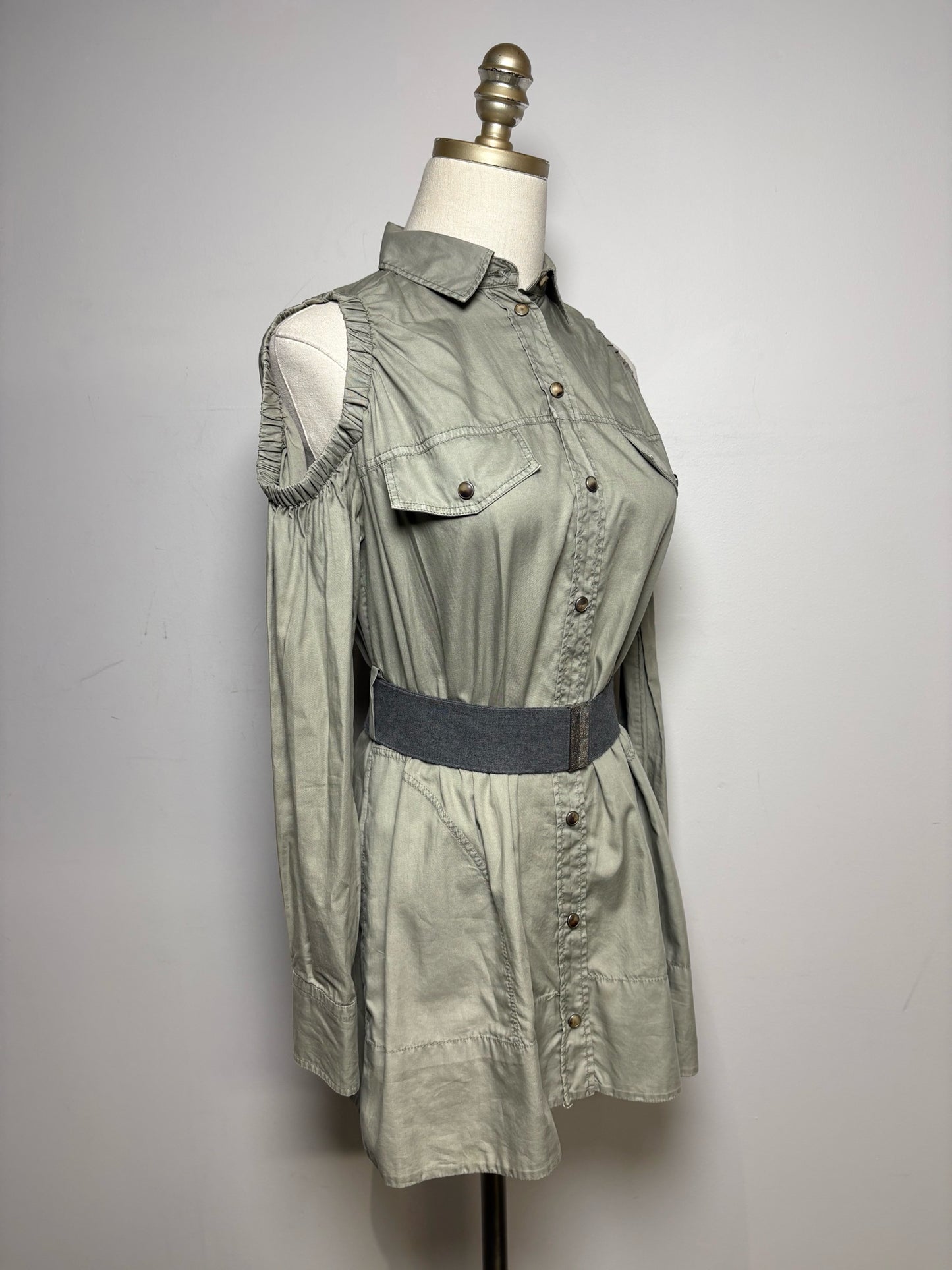 Women's Size XS Brunello Cucinelli Olive Green Pure Cotton Pre-Owned Cold Shoulder Shirt