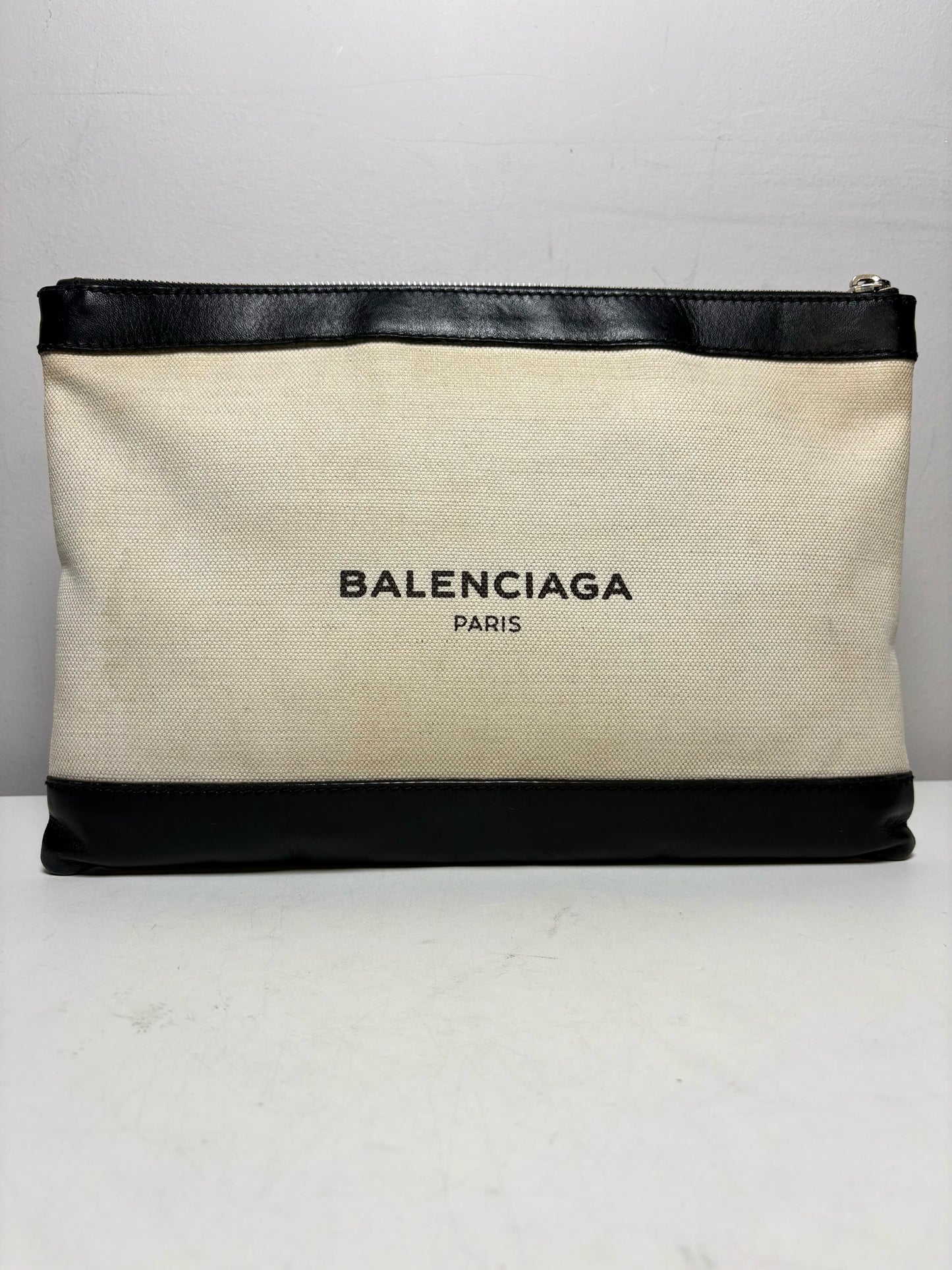 Balenciaga Logo Clip Canvas & Leather Neutrals Pre-Owned Portfolio Clutch