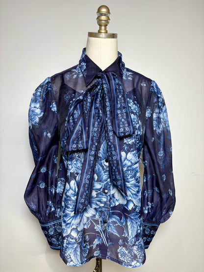 Size 12 Karen Millen Navy Blue & White Floral Women's Polyester Pre-owned Top