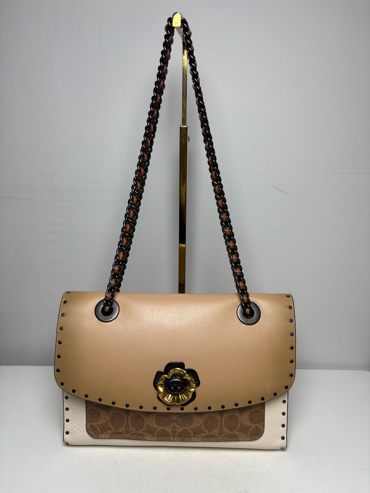 Women's Coach Parker Rivets Snakeskin Print Monogram Leather Pre-Owned Shoulder Bag