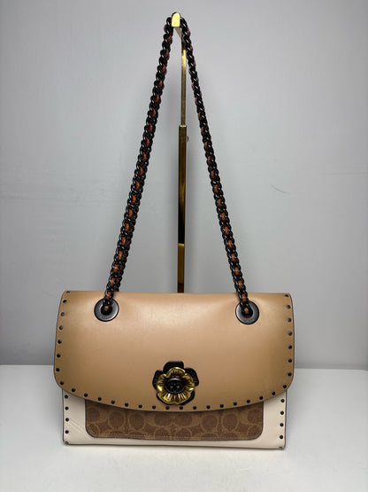 Women's Coach Parker Rivets Snakeskin Print Monogram Leather Pre-Owned Shoulder Bag