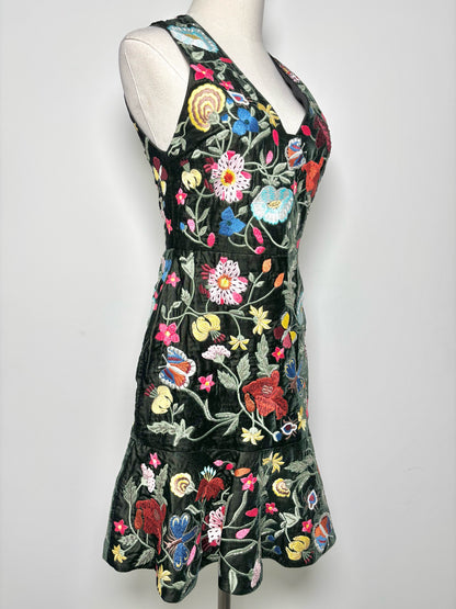 Women Size 4 Alice + Olivia Black Embroidered Flowers + Beads Peplum Dress