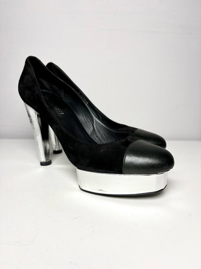 W Shoe Size 41.5 Chanel Black, Silver Leather Suede Pre-owned Heels