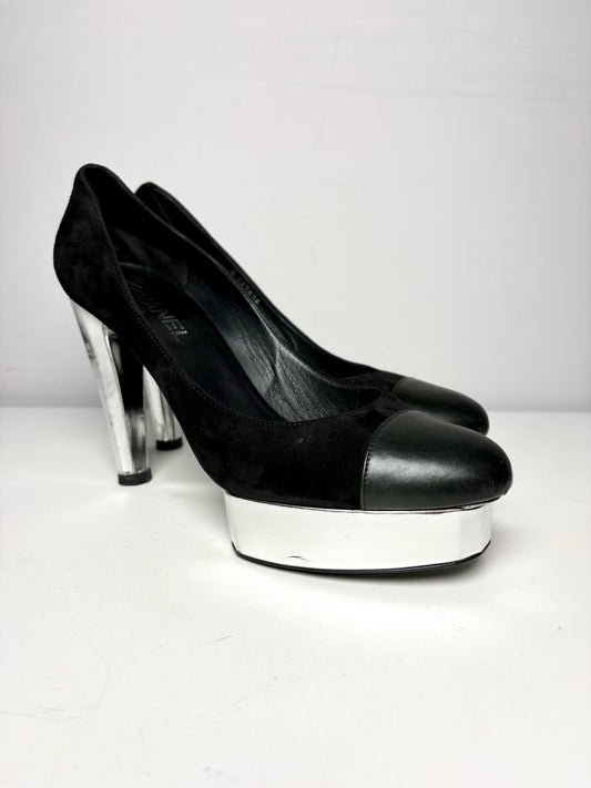 W Shoe Size 41.5 Chanel Black, Silver Leather Suede Pre-owned Heels