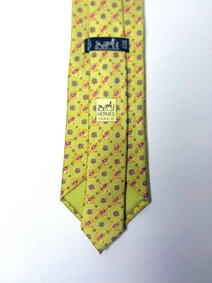 Hermes Lime Green 100% Silk Geometric Print Men's Tie