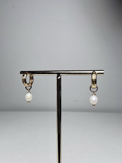 Pearl Drop Gold-Plated Huggie Crystal-Pave' Earrings | Pre-owned