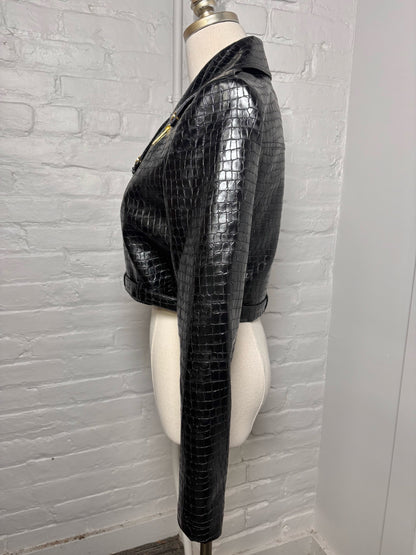 Women Size M Alice + Olivia Black Croc Embossed Faux Leather Moto Jacket
