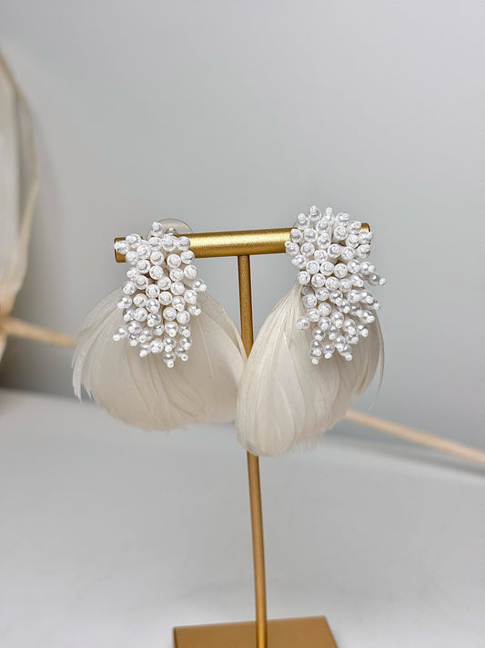 Migonne Gavigan White Feather, Beads Earrings