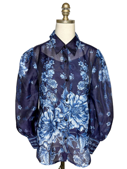 Size 12 Karen Millen Navy Blue & White Floral Women's Polyester Pre-owned Top
