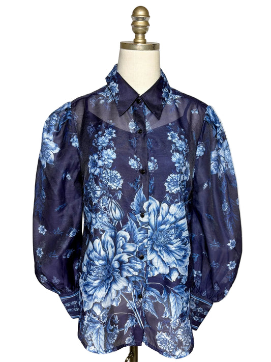 Size 12 Karen Millen Navy Blue & White Floral Women's Polyester Pre-owned Top