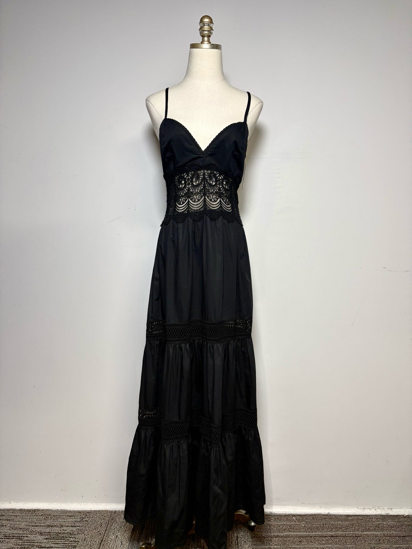 Women Size L Loretta Caponi Firenze Black Pure Cotton with Lace Pre-Owned Midi Dress