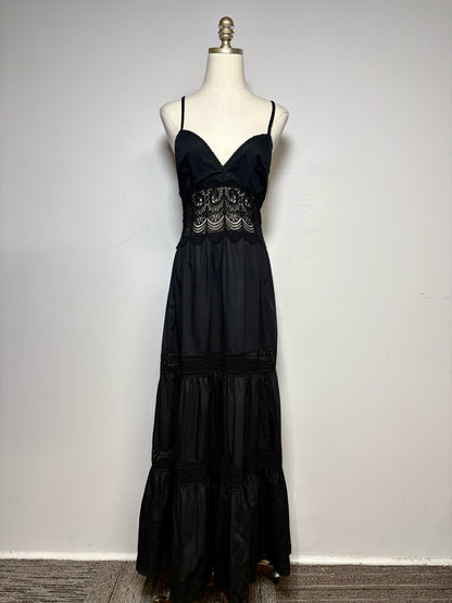 Women Size L Loretta Caponi Firenze Black Pure Cotton with Lace Pre-Owned Midi Dress
