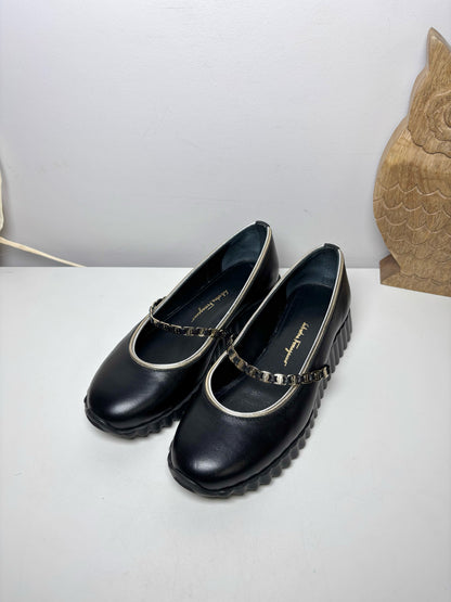 W Shoe Size 6.5 Salvatore Ferragamo Black Leather Mary Jane Slip-ons