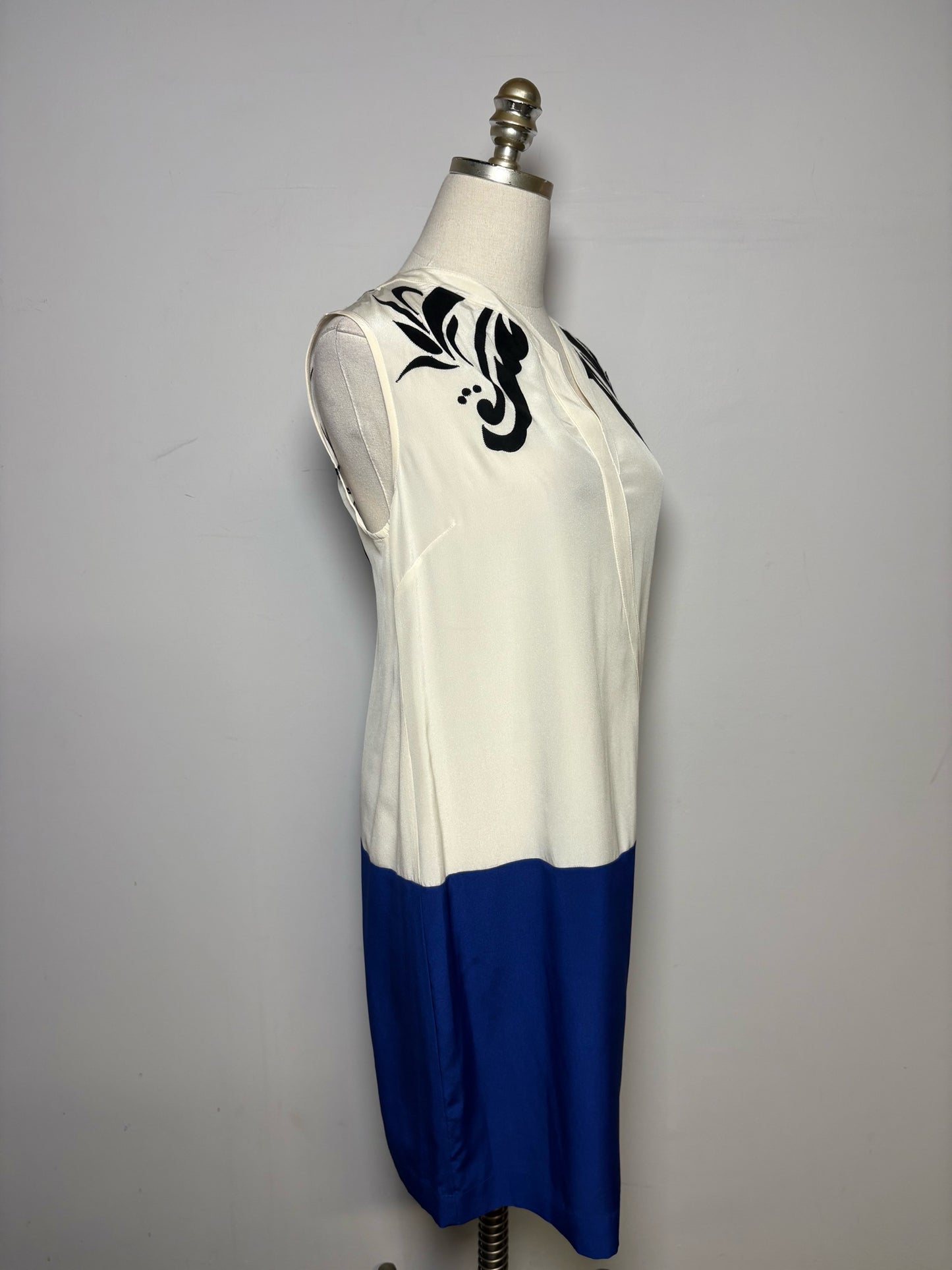 Women Size 6 Derek Lam 10 Crosby Cream, Blue Patches, Colorblock 100% Silk Dress