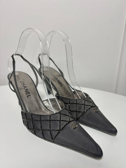 W Shoe Size 38 (7.5 - 8) Chanel Black Nylon Vintage Heels