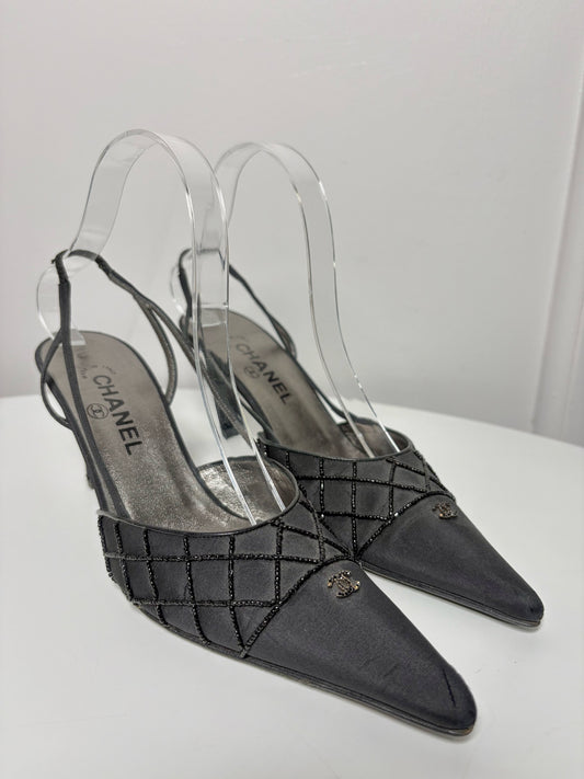 W Shoe Size 38 (7.5 - 8) Chanel Black Nylon Vintage Heels