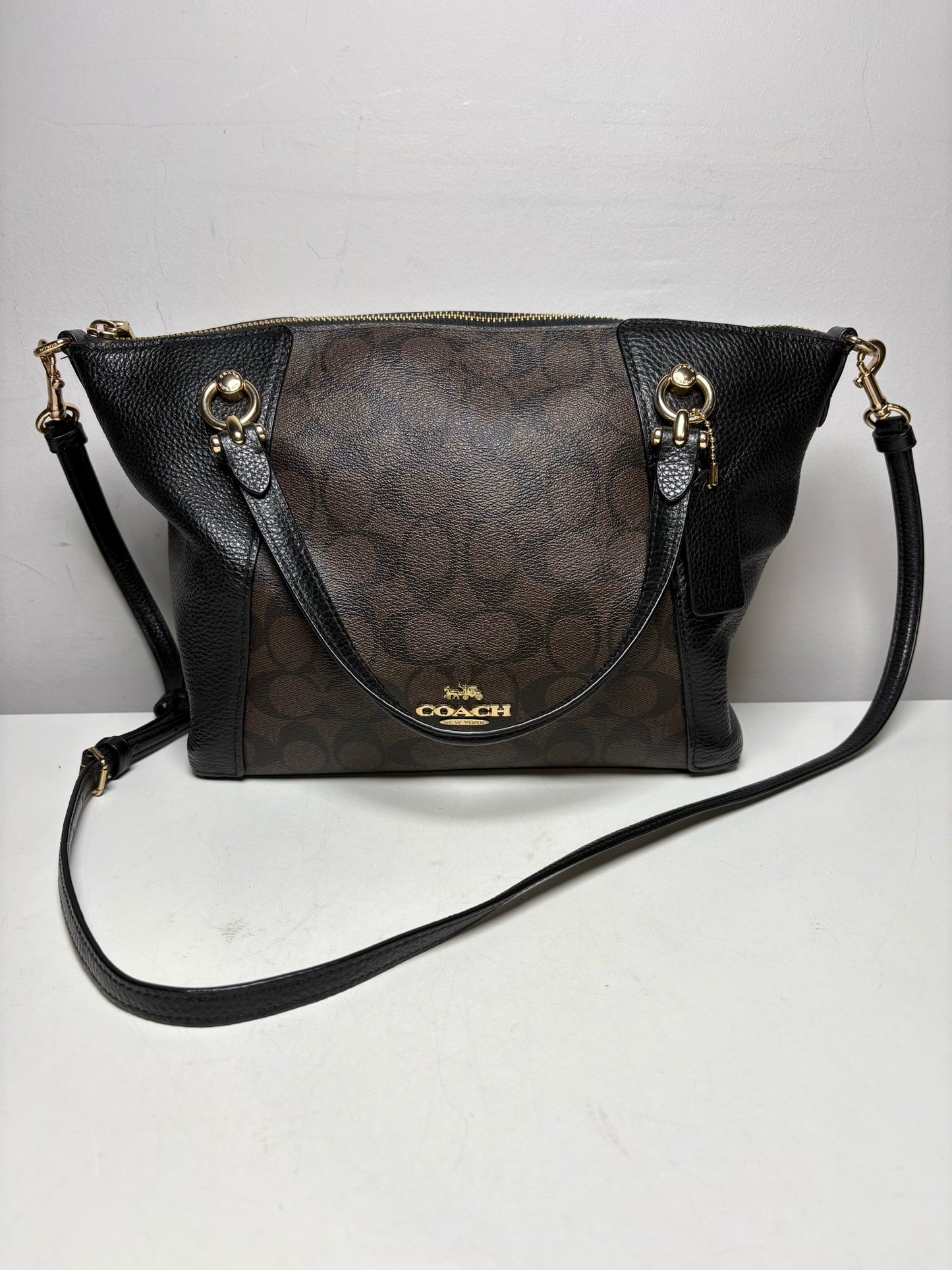 Women's Coach Kacey Brown & Black Signature Monogram Pebble Leather Pre-Owned Satchel Bag