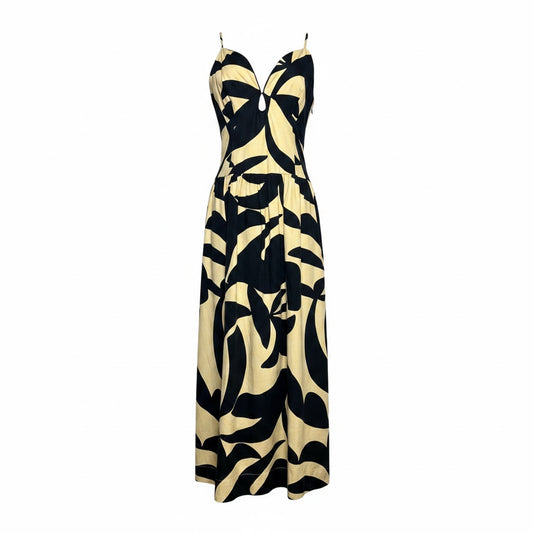 Women Size L Mon Renn Beige, Black Print Cotton Pre-owned Midi Dress