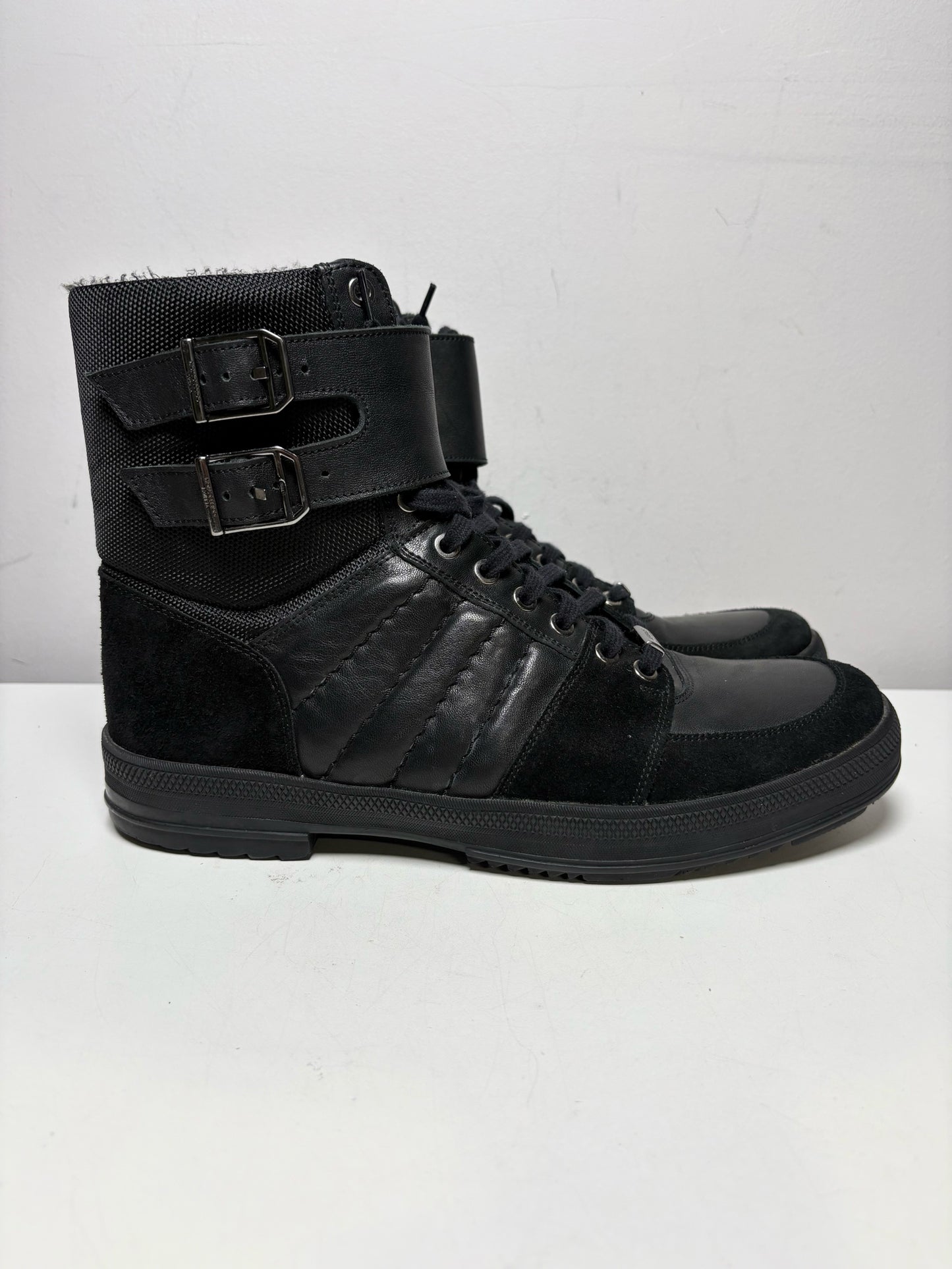 Men Shoe Size US 10 Versace Collection Black Leather & Nylon Pre-Owned High-Top Sneakers