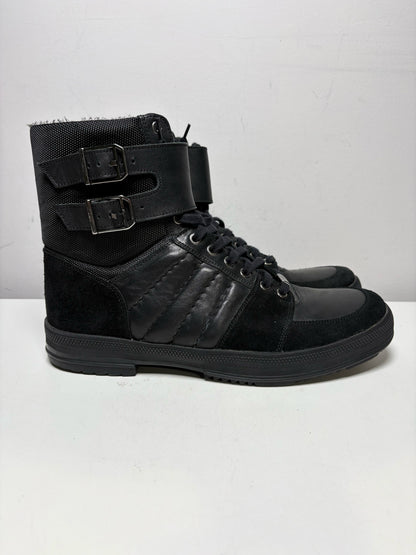 Men Shoe Size US 10 Versace Collection Black Leather & Nylon Pre-Owned High-Top Sneakers