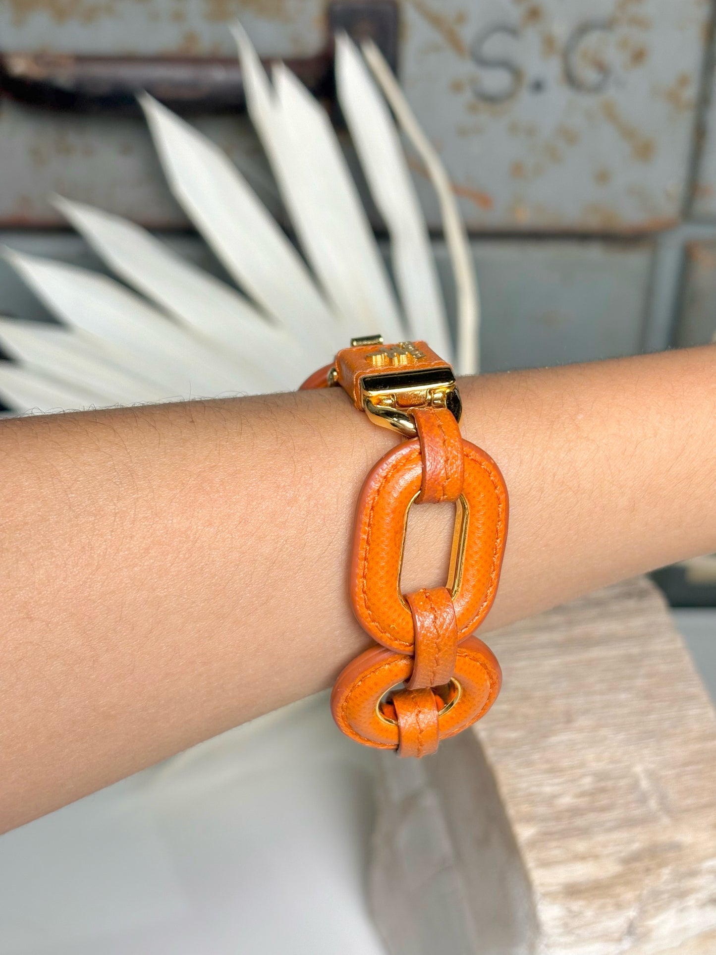 Pre-Owned Prada Leather Chain Links Orange Bracelet