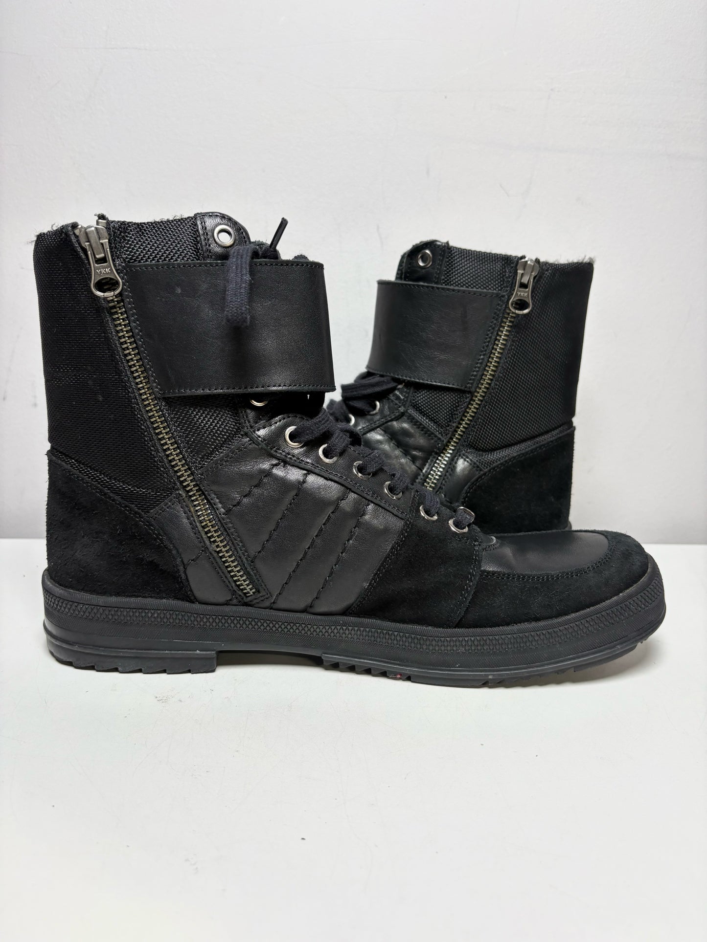 Men Shoe Size US 10 Versace Collection Black Leather & Nylon Pre-Owned High-Top Sneakers