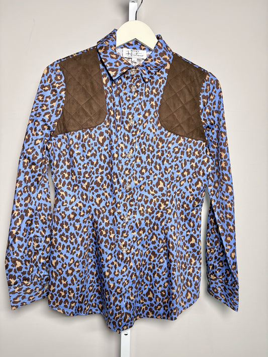 Women Size S Kevin's Huntress Collection Blue Leopard Spots Cotton Shirt