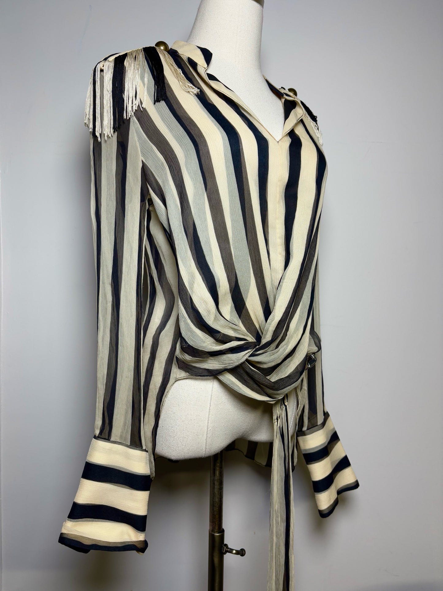 Women Size 8 Monse Bone, Black, Blue Striped 100% Silk Pin-Embellished Blouse