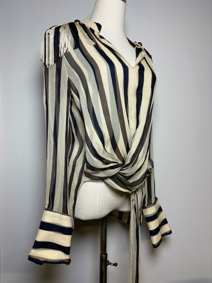 Women Size 8 Monse Bone, Black, Blue Striped 100% Silk Pin-Embellished Blouse