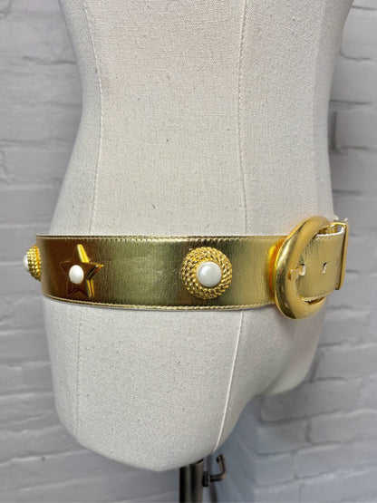 Escada Leather 40 (S) Vintage Metallic Gold Pearls Belt