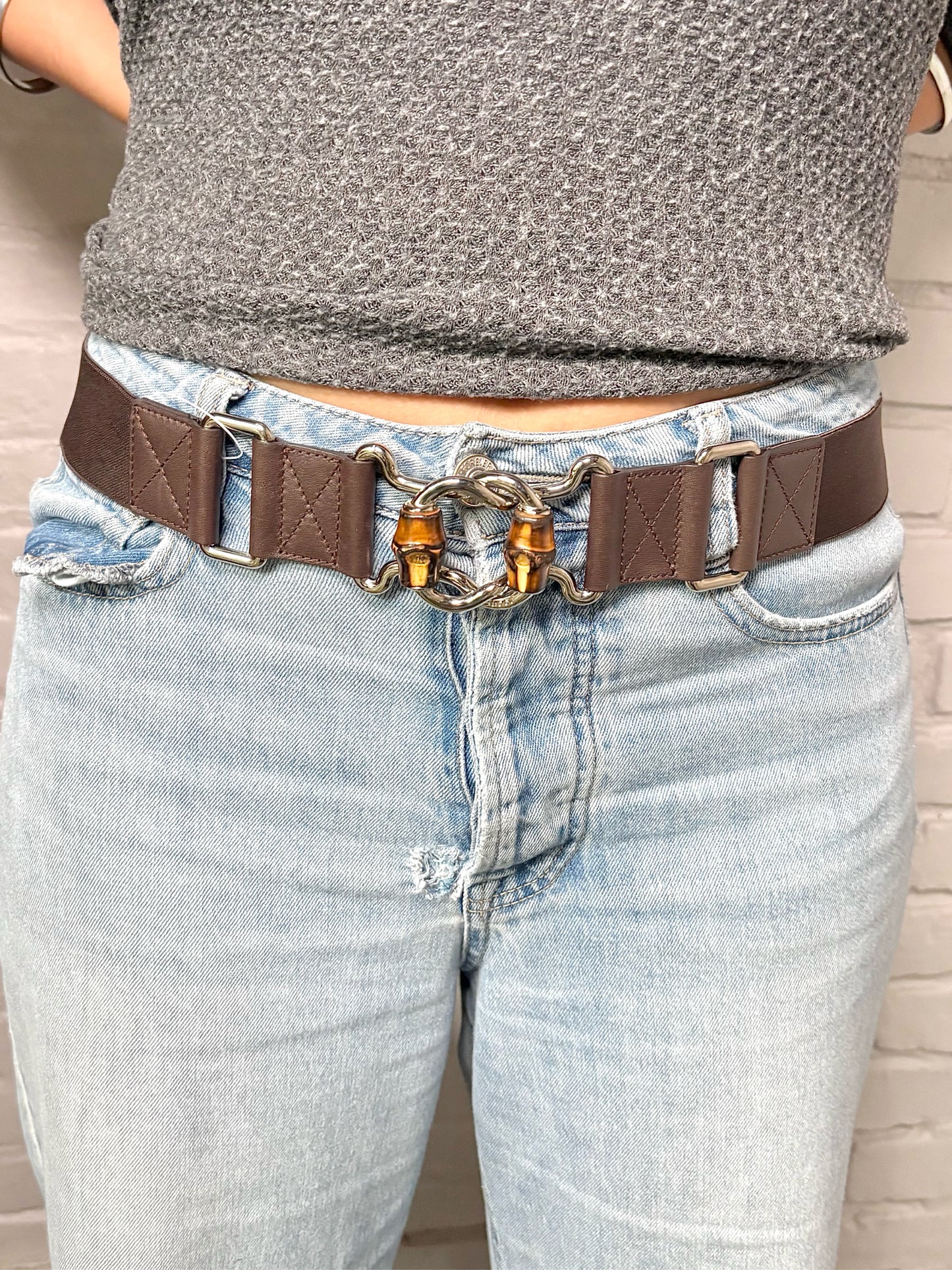 Women's Gucci 95-38 (M/L) Brown Elastic Silver Buckle Bamboo Belt