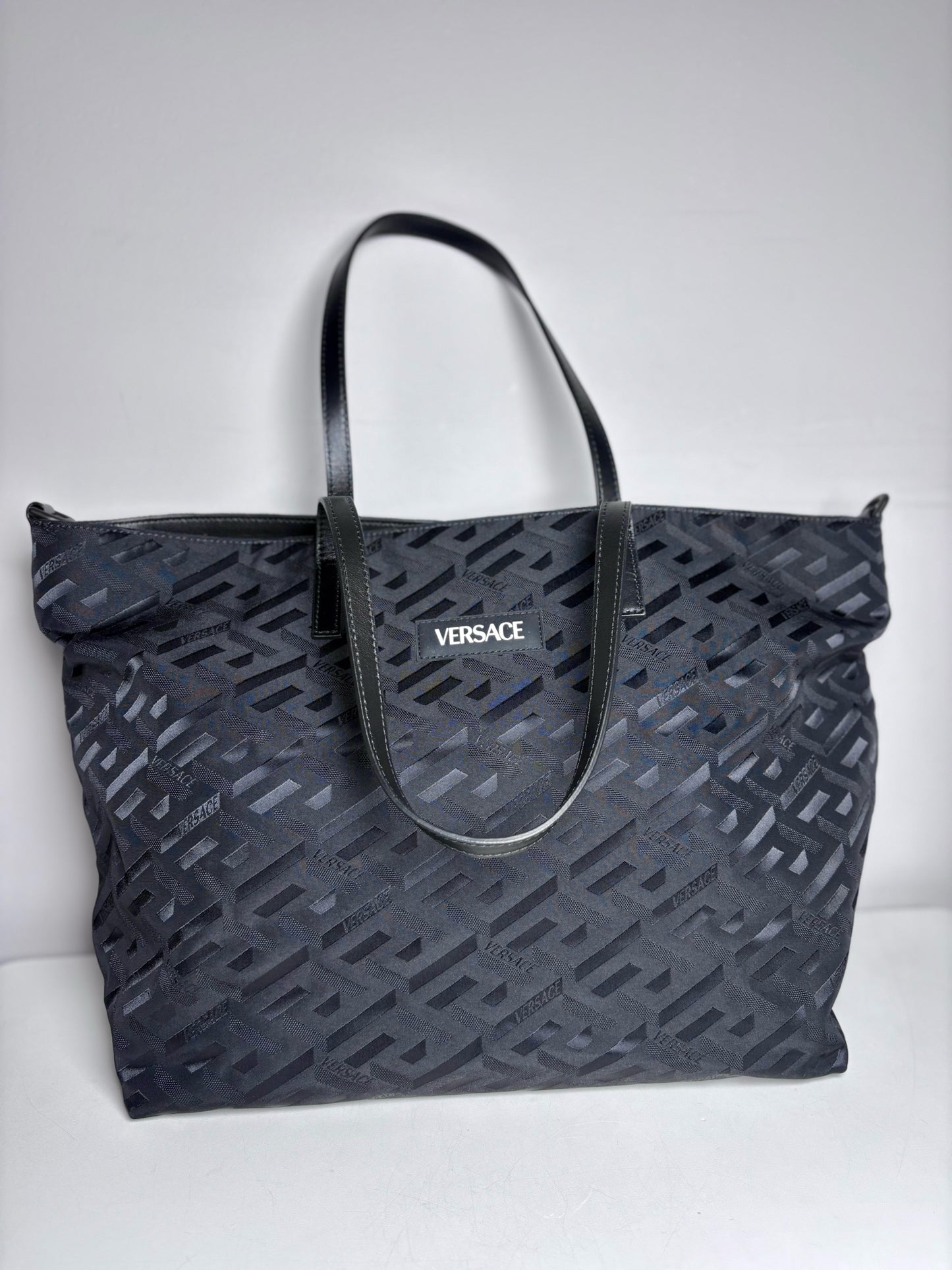 Versace Jacquard, Monogram Nylon Pre-owned Black Leather + Pouch Crossbody Tote