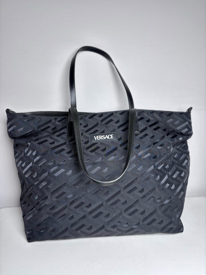 Versace Jacquard, Monogram Nylon Pre-owned Black Leather + Pouch Crossbody Tote