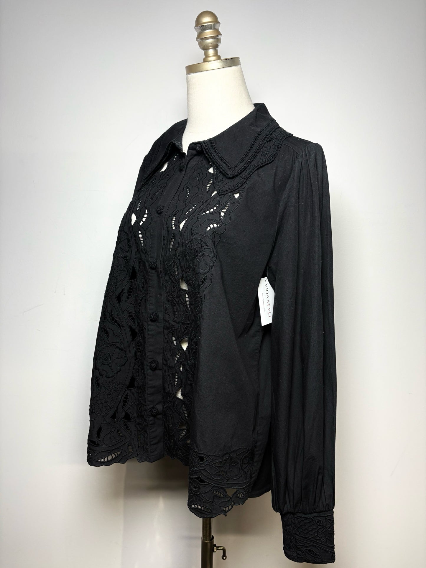 Women's Size M Farm Rio Black Eyelet Cotton Pre-Owned Puff Sleeve Blouse