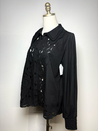 Women's Size M Farm Rio Black Eyelet Cotton Pre-Owned Puff Sleeve Blouse