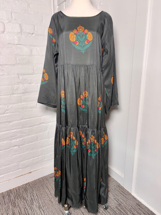 Women Size S Pink Chicken Black Floral Maxi Silk Dress