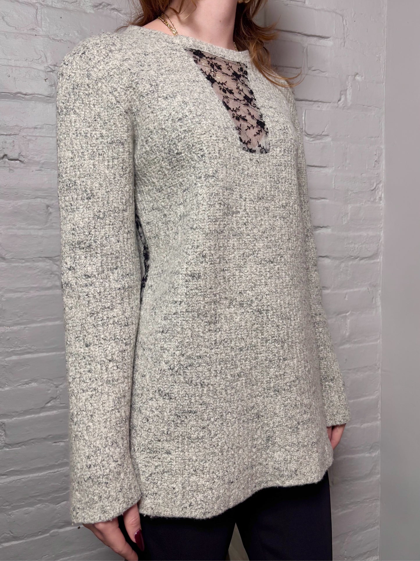Women Size S Thakoon Light Gray Tweed, Lace Wool Blend Sweater