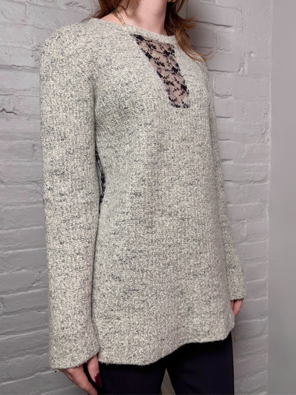 Women Size S Thakoon Light Gray Tweed, Lace Wool Blend Sweater
