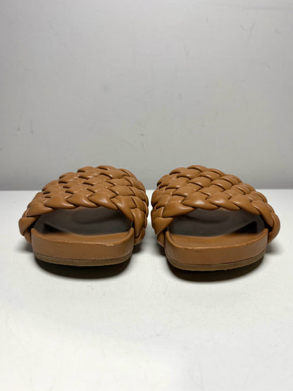 Women Shoe Size 38 (Est) Loeffler Randall Sonnie Tan/Camel Leather Pre-Owned Woven Lambskin Slides