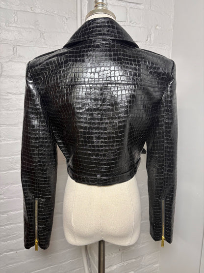 Women Size M Alice + Olivia Black Croc Embossed Faux Leather Moto Jacket