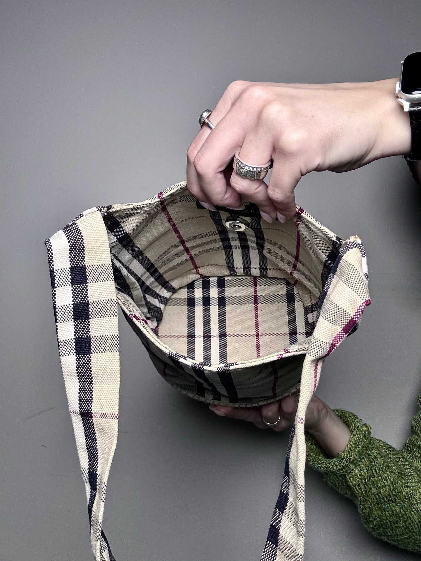 Burberry Plaid Canvas Beige Espadrille Bucket Purse
