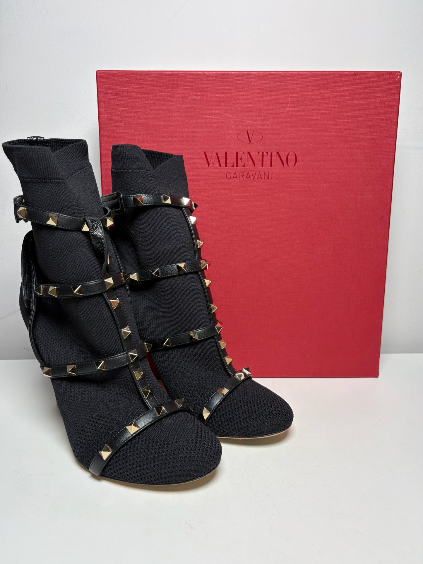 W Shoe Size 38 Valentino Garavani Black Stretc Leather Rockstud Pre-owned Boots