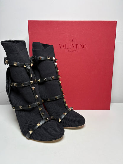 W Shoe Size 38 Valentino Garavani Black Stretc Leather Rockstud Pre-owned Boots