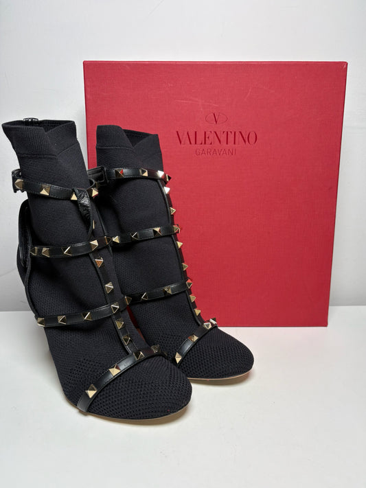 W Shoe Size 38 Valentino Garavani Black Stretc Leather Rockstud Pre-owned Boots