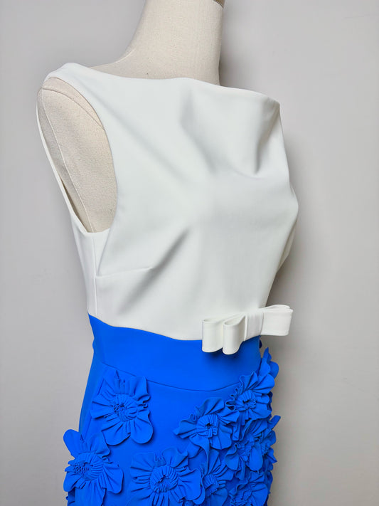 Women Size L Greta Constantine Cobalt Blue, White 3D Flowers Dress