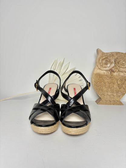 W Shoe Size 38.5 Prada Black Leather & Wicker Pre-owned Wedges