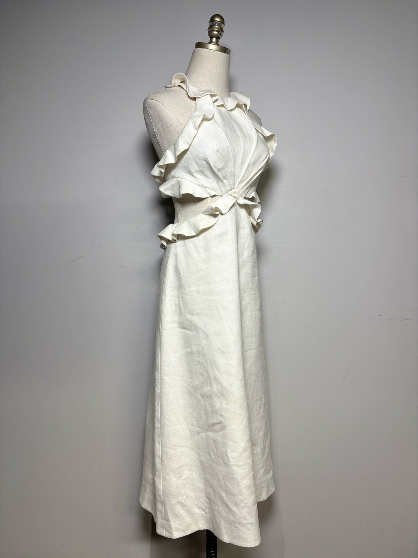 Women Size 0 Zimmermann Ivory Pure Linen Pre-Owned Lovestruck Cutout Halterneck Midi Dress