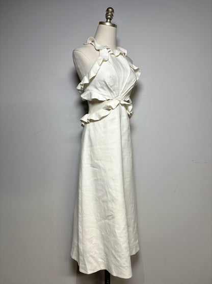 Women Size 0 Zimmermann Ivory Pure Linen Pre-Owned Lovestruck Cutout Halterneck Midi Dress