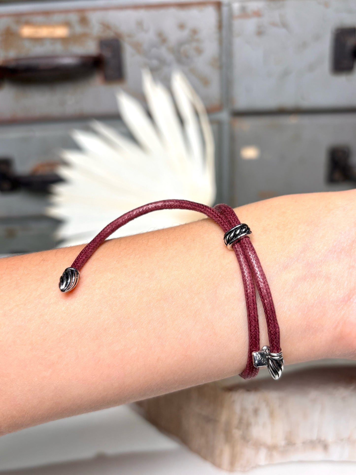 David Yurman Burgundy Leather Cord Sterling Silver Tips Bracelet