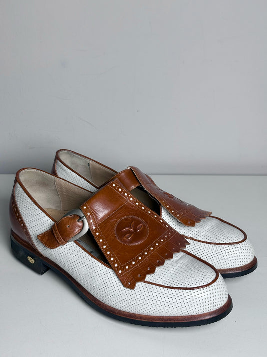 W Shoe Size 8 Walter Genuin Kiltie White, Caramel Leather Vintage Golf Shoes